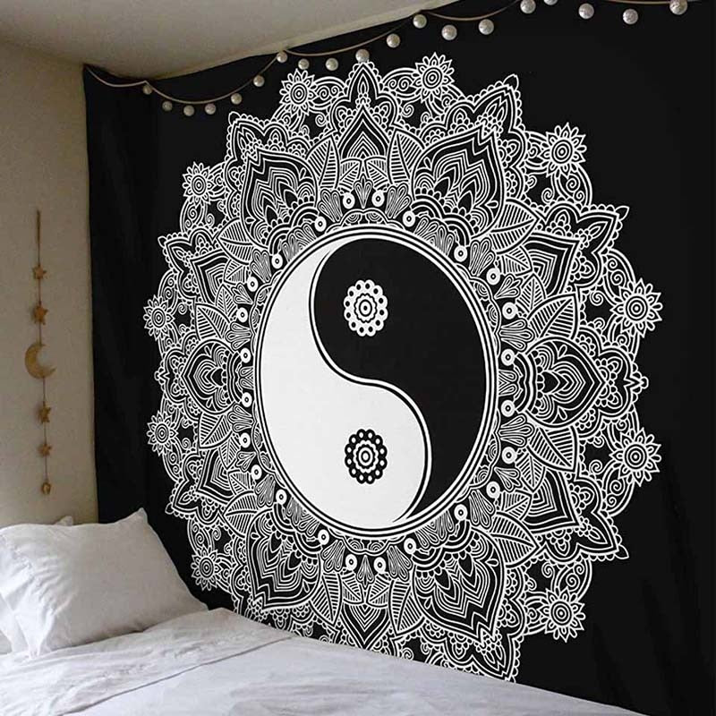 Tenture murale yin yang mandala fond noir
