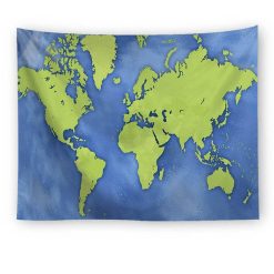 Tenture Murale Carte du Monde Vert et Bleu