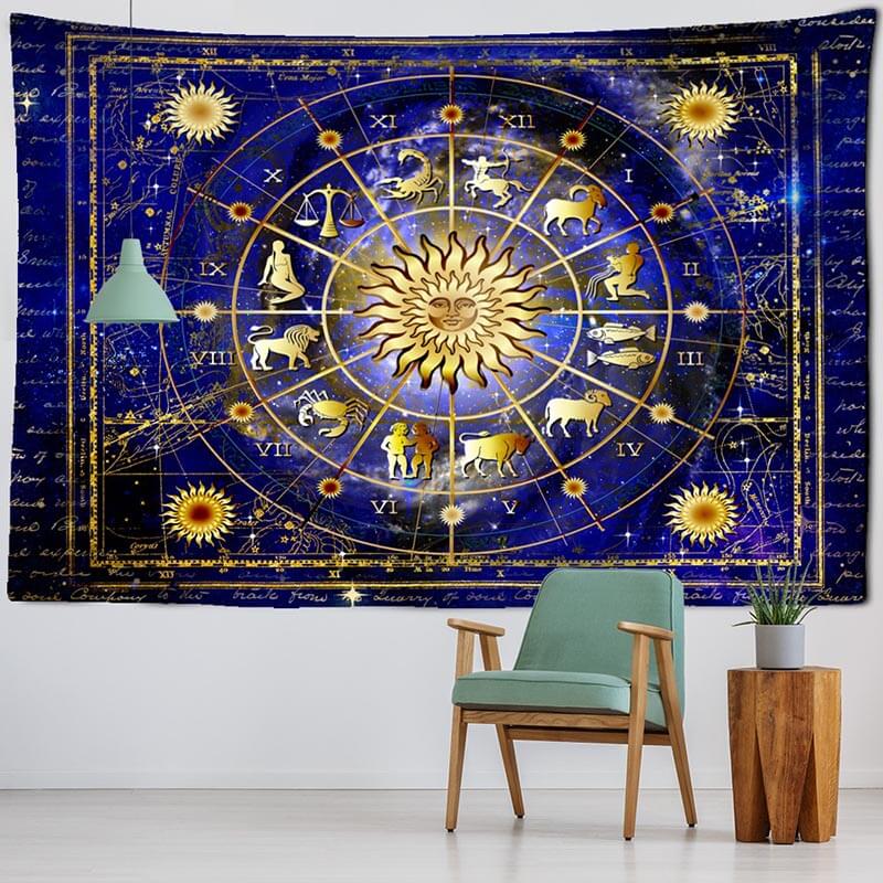 Tenture Murale Dorée Psychédélique Astrologie vue salon