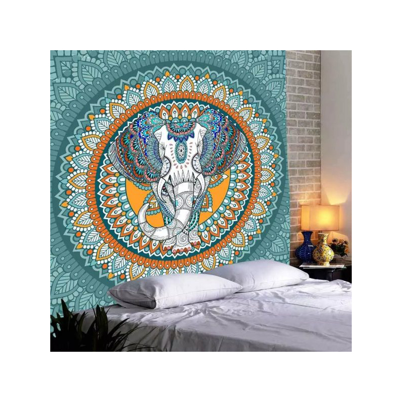 Tenture Murale Boho éléphant Mandala - 215x140 Cm, 100% Coton, Motif Noir Et Blanc, Lavable Main