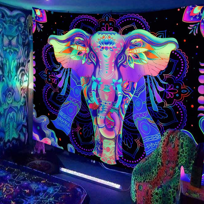 Tenture murale Inde éléphant Mandala - fluorescent et réactif au UV