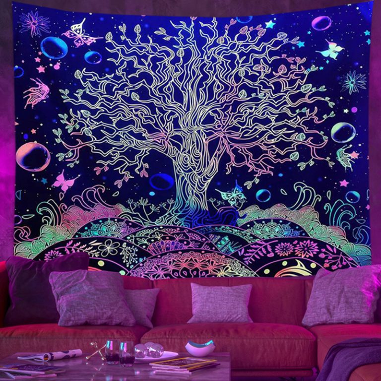 Tapisserie Murale Arbre De Vie Réactive Aux UV - Motif Lumineux Sous Lumière Noire, Plusieurs Tailles
