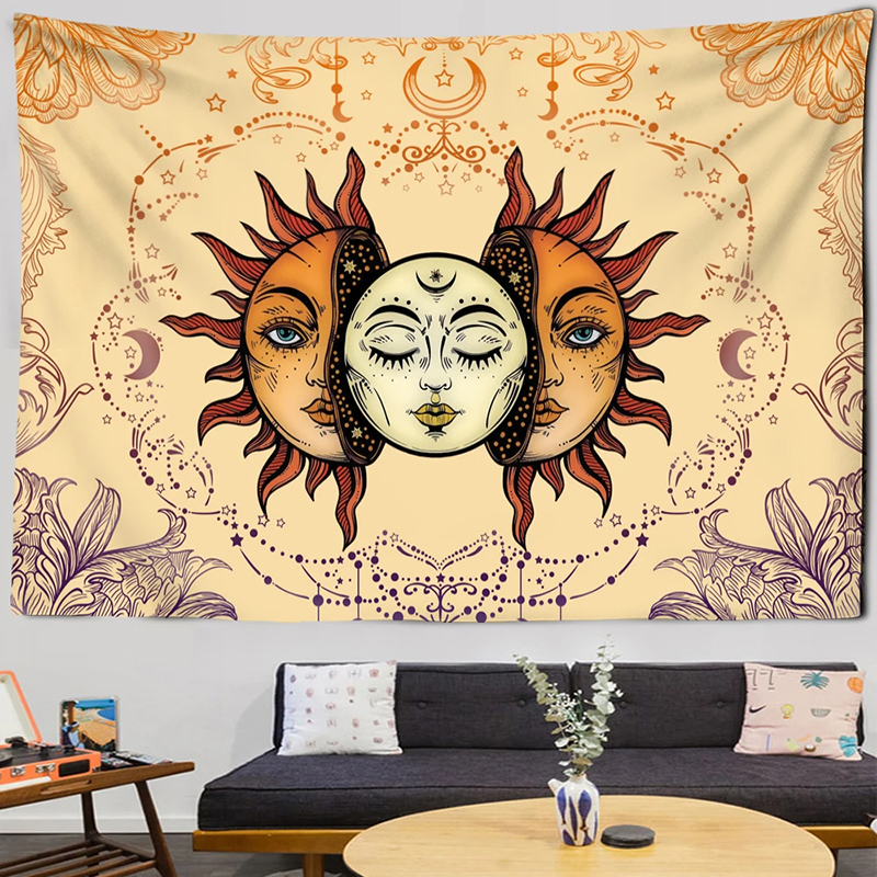 Tenture Murale Tarot La Lune, L'Étoile, Le Soleil - 150x210 Cm - Polyester, Lavable - Décoration Chambre Style Médiéval Mystique