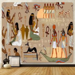 Tenture murale ocre dieux Bastet, Horus et Seth