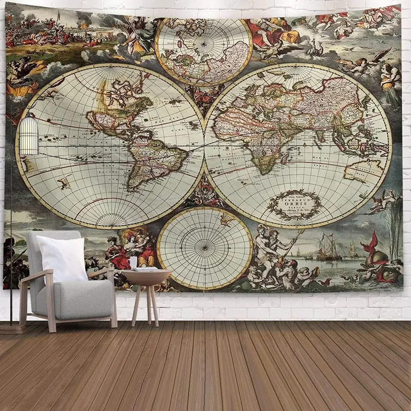 Tapis Mural/tapisserie Carte Du Monde Vintage 220x190 Cm - Tissu Polyester, Impression HD - Décoration Salon, Chambre, Dortoir - 3