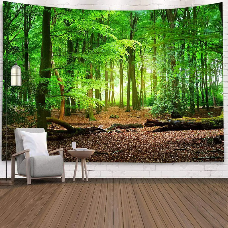 Tapisserie Murale Forêt De Bouleaux 200x200 Cm - Déco Boho Chic Pour Chambre Et Salon | Tenture Verte Nature