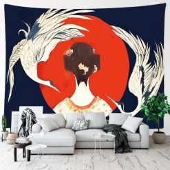 Tenture Murale Geisha Soleil Levant et vol de Grues