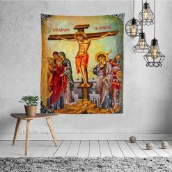 Tenture Murale Icône de la crucifixion - Jésus Christ Sainte Croix Grecque - Religion Orthodoxe - Art byzantin