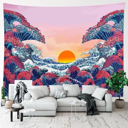Tenture Murale Japonaise Grandes Vagues et Coucher de Soleil