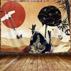 Tenture Murale jeune Geisha en costume traditionnel avec vol de grues