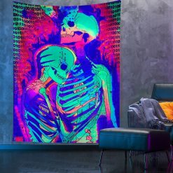 Tenture Murale Couple de Squelettes Amoureux au coeur Vibrant - effet lumière noir
