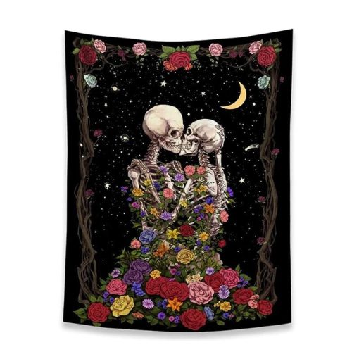 Tenture Murale Couple de Squelettes Romantique avec Roses multicolores