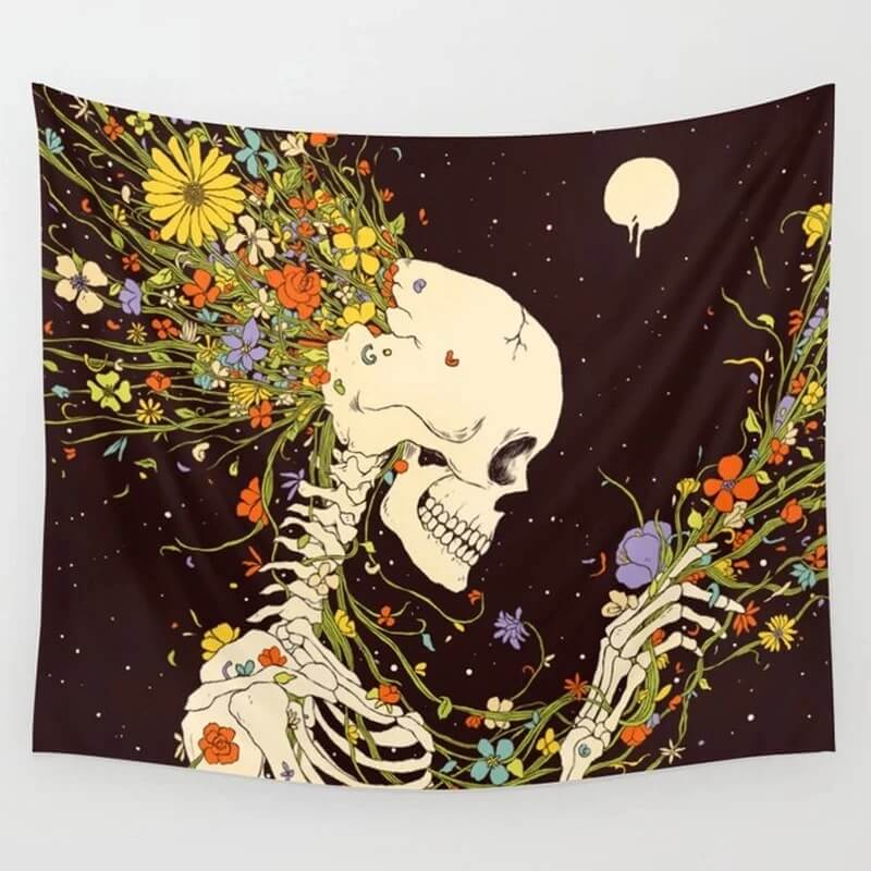 Tenture Murale Gothique Romantique Squelette Tête de Mort en Fleurs au Clair de Lune