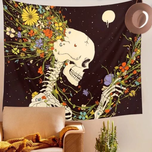 Tenture Murale Squelette Tête de Mort en Fleurs au Clair de Lune