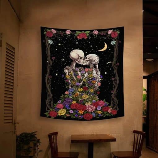 déco intérieure Tenture Murale Couple de Squelettes Romantique avec Roses