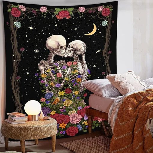 détails Tenture Murale Couple de Squelettes Romantique avec Roses
