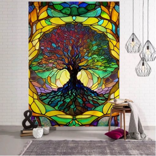 Tenture Murale Arbre de Vie avec Motif de Vitraux Colorés