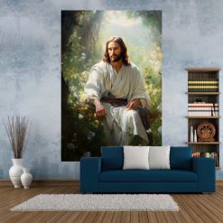 Tenture Murale Art Chrétien - Jésus dans le Jardin de la Sérénité