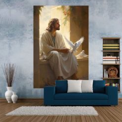 Tenture Murale Art Chrétien - Jésus et la Colombe de la Paix