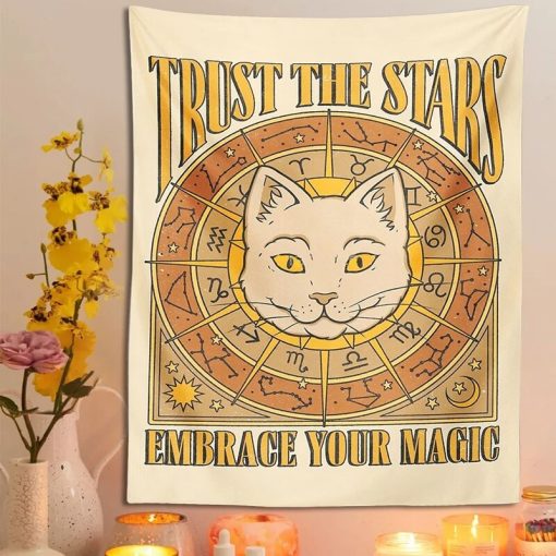 Tenture Murale Astrologique Féline - Trust the Stars, Embrace Your Magic