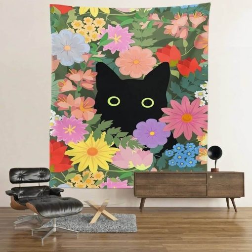 Tenture Murale Chat - Chat Noir Caché parmi les Fleurs