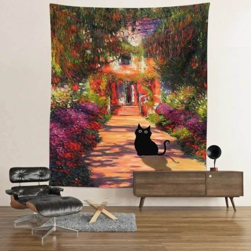 Tenture Murale Chat - Chat Noir dans un Jardin Fleuri