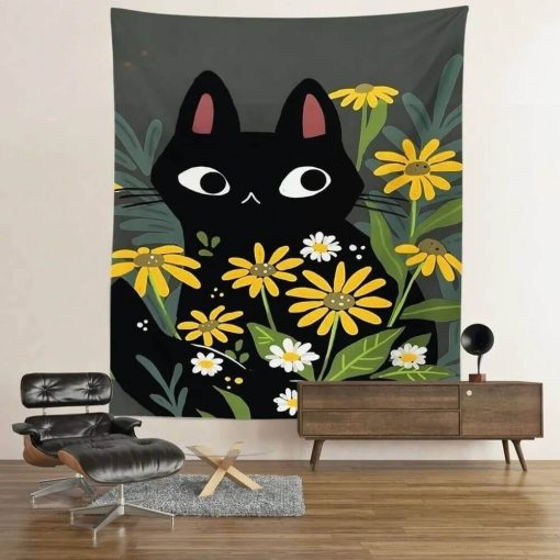 Tenture Murale Chat - Chat Noir et Fleurs Jaunes