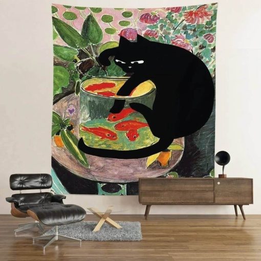 Tenture Murale Chat - Chat Noir et Poissons Rouges