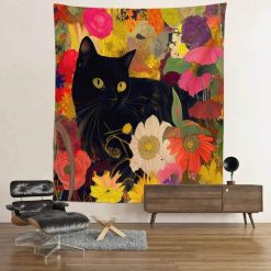 Tenture Murale Chat - Chat Noir parmi les Fleurs Multicolores