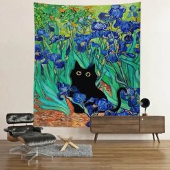 Tenture Murale Chat - Chat Noir parmi les Iris