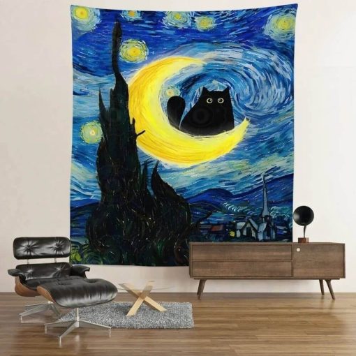 Tenture Murale Chat - Chat Noir sur un Croissant de Lune