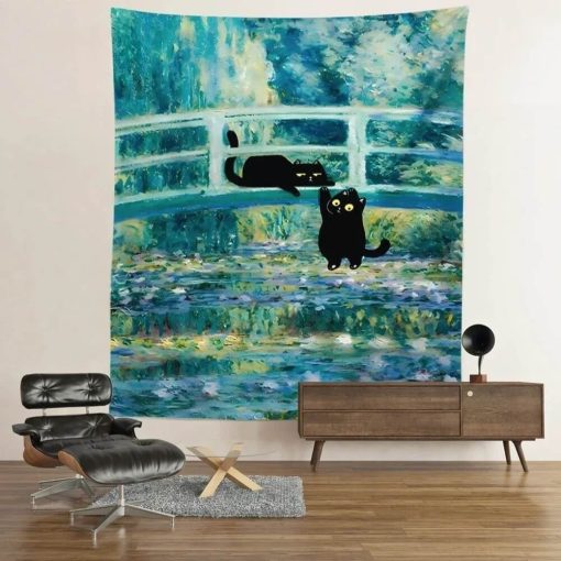 Tenture Murale Chat - Chats Noirs sur le Pont Japonais