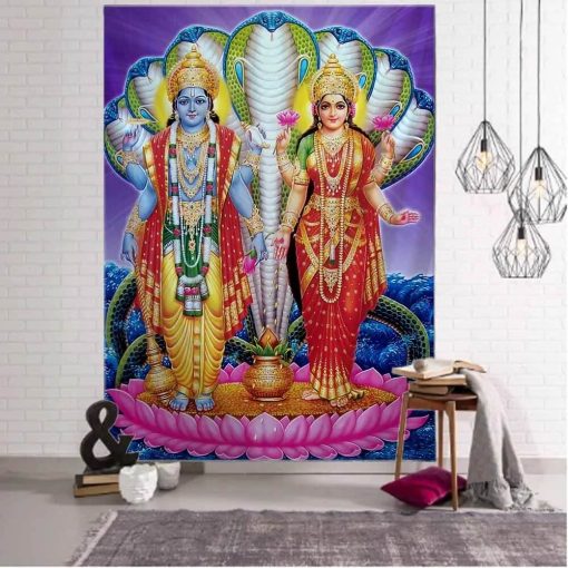 Tenture Murale Indienne Vishnu et Lakshmi - Bénédiction Divine