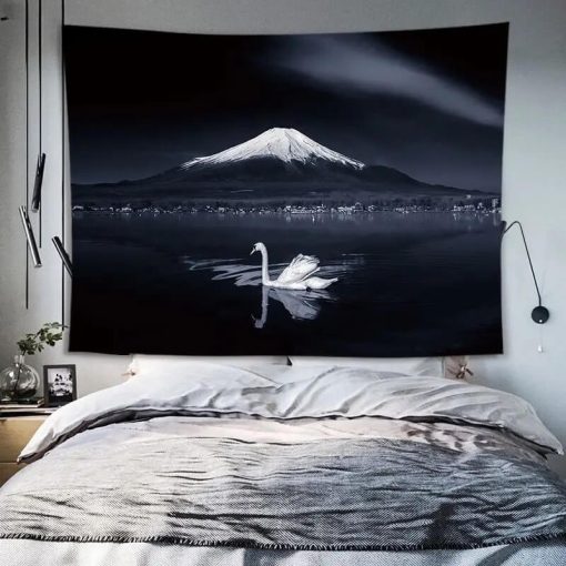 Tenture Murale Paysage Noir et Blanc du Mont Fuji avec Cygne