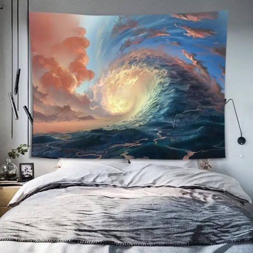 Tenture Murale Paysage Océanique avec Vague Épique au Coucher de Soleil