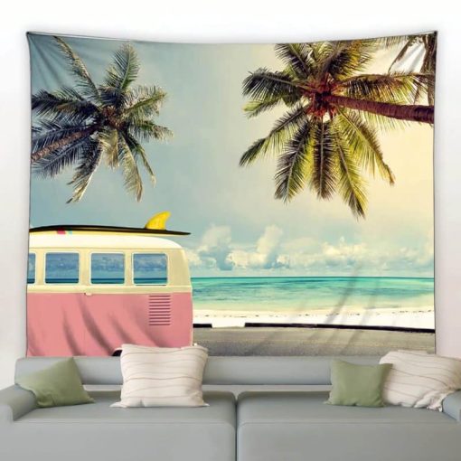 Tapisserie Murale Hippie Surf Van Tropicale