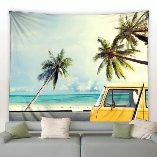 Tapisserie Murale Hippie Van Jaune Surfing Plage Tropicale