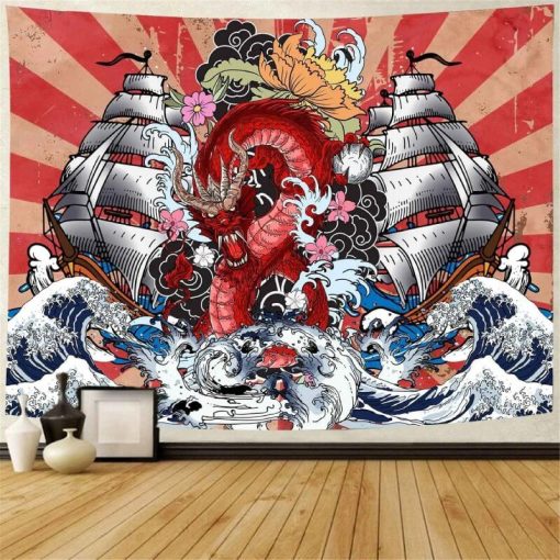 Tenture murale Japon - Dragon Rouge et Navires en Vortex