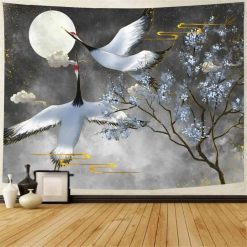 Tenture murale Japon - Grues et Cerisiers en Fleurs sous la Lune