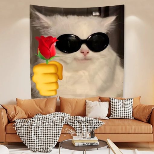 Tenture Chat Lolcat Mème - Chat Cool Offrant une Rose