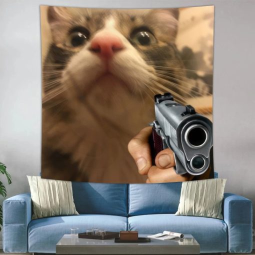 Tenture Chat Lolcat Mème - Chat Gangster avec Pistolet