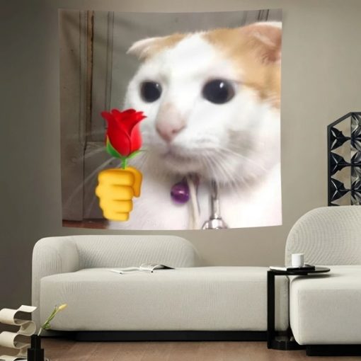 Tenture Chat Lolcat Mème - Chat Romantique Offrant une Rose