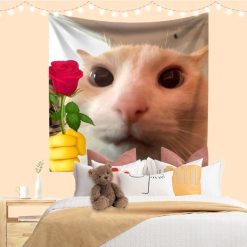 Tenture Chat Lolcat Mème - Chat avec Rose Romantique