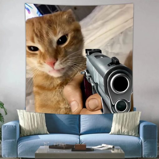 Tenture Chat Lolcat Mème - Selfie Cat Chat Gangster Sérieux au Pistolet