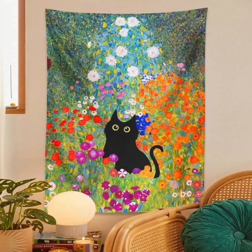 Tenture Murale Chat - Chat Noir en Jardin Fleuri