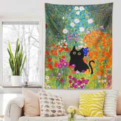 Tenture Murale Chat - Chat Noir en Jardin Fleuri Design Peinture à l'Huile