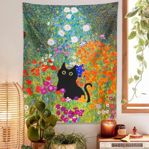 Tenture Murale Chat - Chat Noir en Jardin Fleuri Peinture à l'Huile