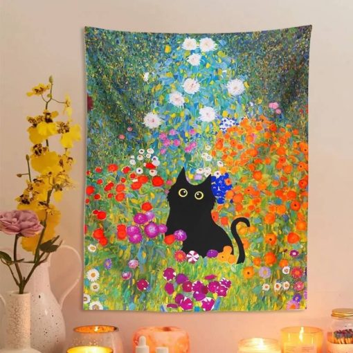 Tenture Murale Chat - Chat Noir en Jardin Fleuri Design Peinture à l'Huile