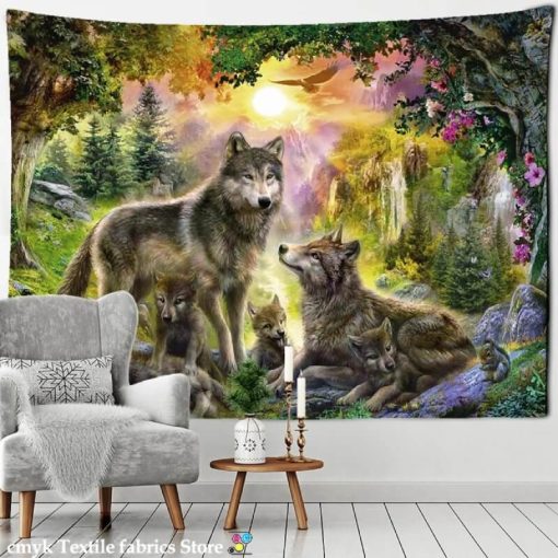 Tenture Murale Famille de Loups au Crépuscule Enchanté