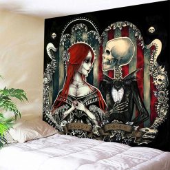 Magnifique Tenture Murale Tête de Mort Gothique Couple Romantique